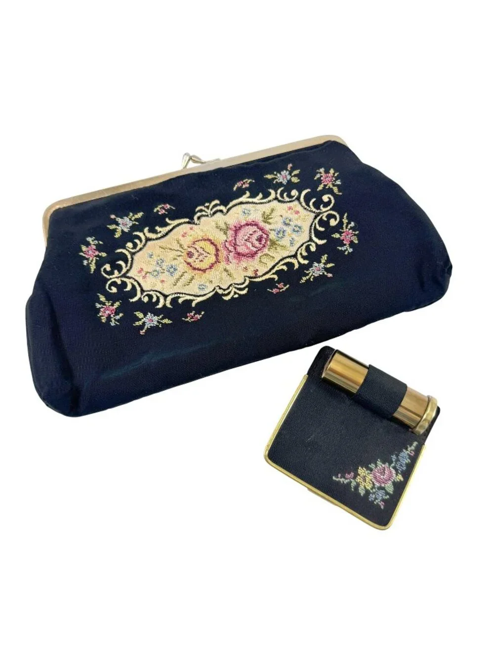 Fomerz Petit Point Cosmetic Bag Mirror Lipstick Holder West German Vintage 1950s